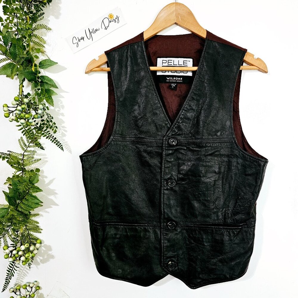 Vintage 80s‎ Pelle Studio Wilsons Leather Vest Black Button-Up Sz M~V5.10